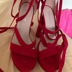 Red Strap up Chunky Heels